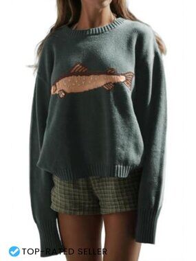 Rib Knit Crew Neck Carp Graphic Oversized Pullover Sweater